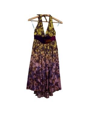 MARCIANO Silk dress halter neck woven open back summer festive pink yellow XS